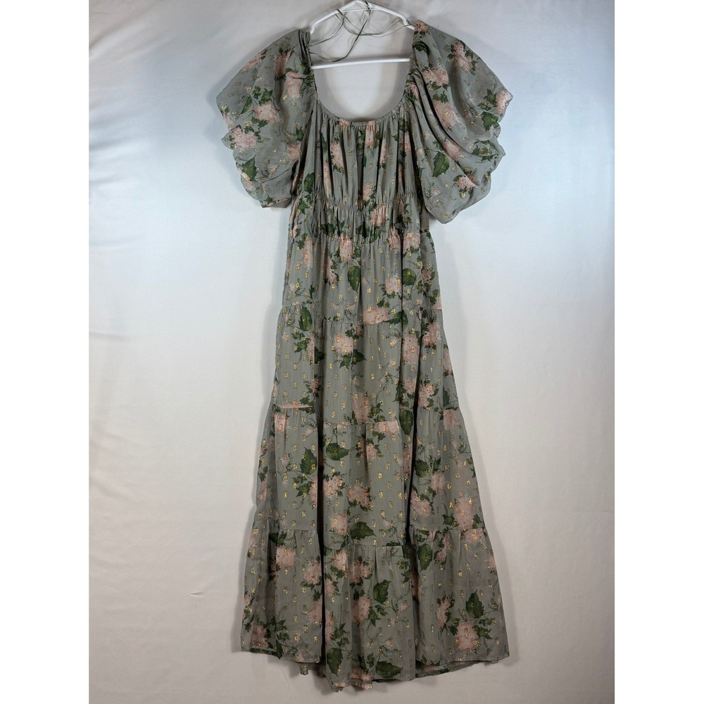 Altar'd State Floral Maxi Dress Sage Green Gold Metallic Puff Sleeve Smocked L